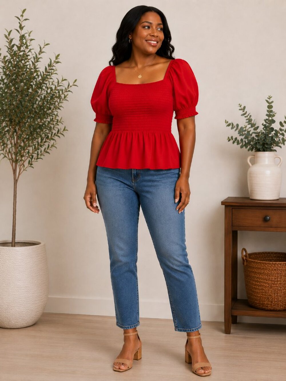 Lands' End Smocked Peplum Top Red Puff Sleeve 100% Cotton Women's L 14-16 Girly